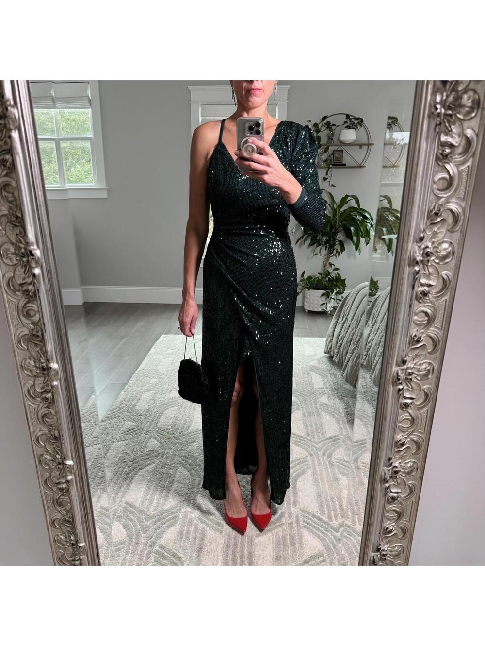 BCBGMax Azria One-Shoulder Sequin Green Evening Dress Size S